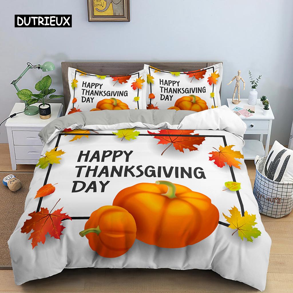 Autumn Thanksgiving Day Duvet Cover King Queen Cartoon Orange Pumpkin Turkey Bedding Set Maple Leaves Soft Polyester Quilt Cover