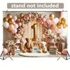 Polyester background banner: Multi-purpose: Teddy bear and balloon design, with floral arches and the golden number "1"