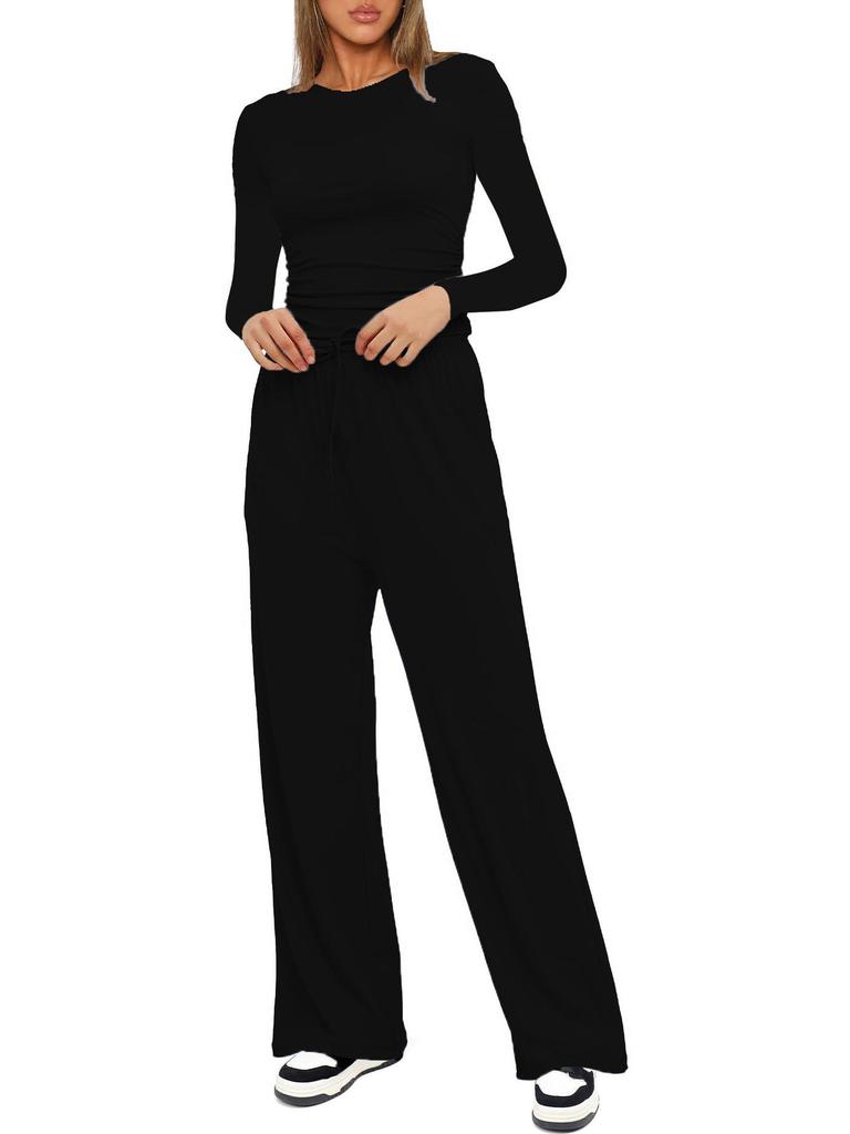 Kardashian Style Comfy Wide-Leg Tie-Up Set with Long Sleeves