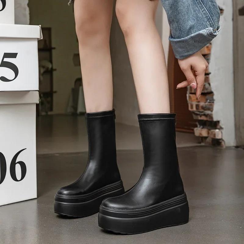 Fashion 8CM 2025 Microfiber Leather Women Vulcanized High Heels White Shoes ZIP Increase Casual Ankle Boots Platform Wedge Shoes