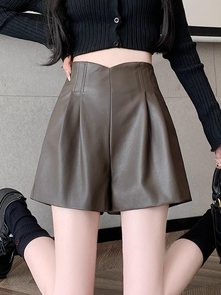 

Женские кожаные шорты А-силуэта с высокой посадкой кофейного цвета, Коллекция Весна/Осень 2024, Широкие штанины, Укороченные расклешенные повседневные брюки 3XL кофейный