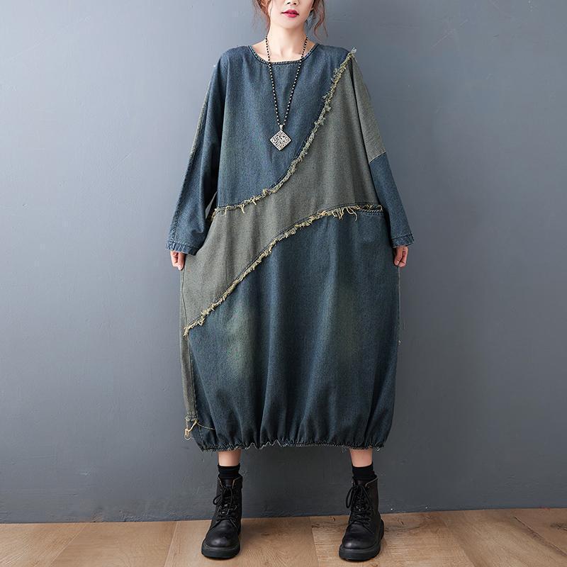 Women's Contrast Patchwork Denim Dress - Plus Size, Frayed, Loose, Mid-Length Skirt for Spring/Autumn