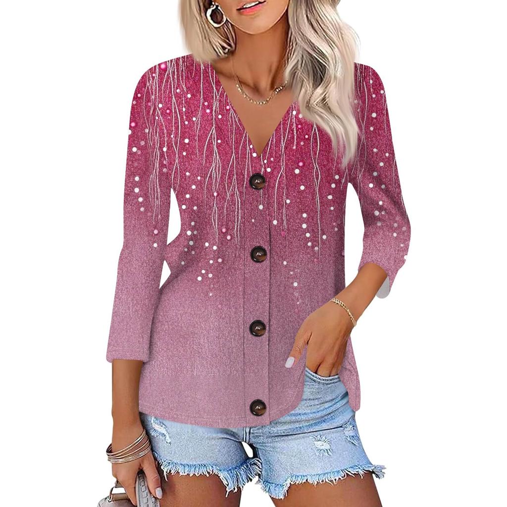 Women's Fashion Casual  Print Button-Down Shirt Three-quarter Sleeve Cardigan Top