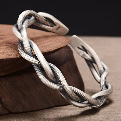 Vintage Mens Jewellery Woven Twist Texture Bracelet Bangles for Women Men Thai Silver Statement Bracelet Punk Party Jewelry Gift
