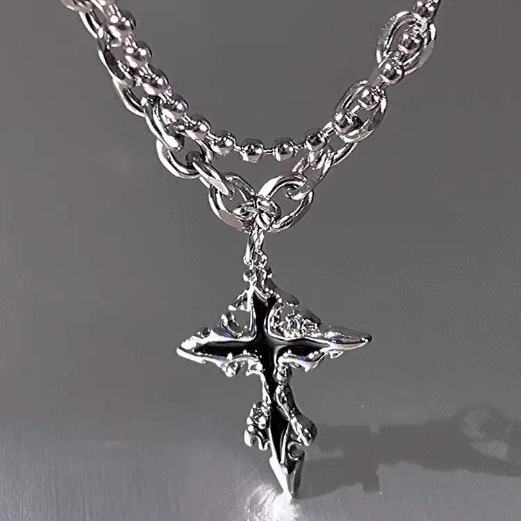 Hiphop Punk Long Chain Cross Necklace for Women Men Punk Double Layer Splicing Chain Necklace Charm Trend Neck Jewelry Halloween