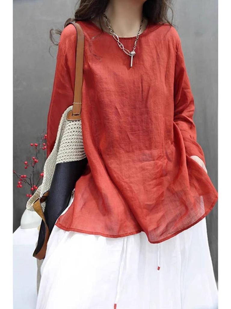 Women's Retro Cotton Linen Long Sleeve Mid-Length Chinese Style Lightweight Pullover Dress