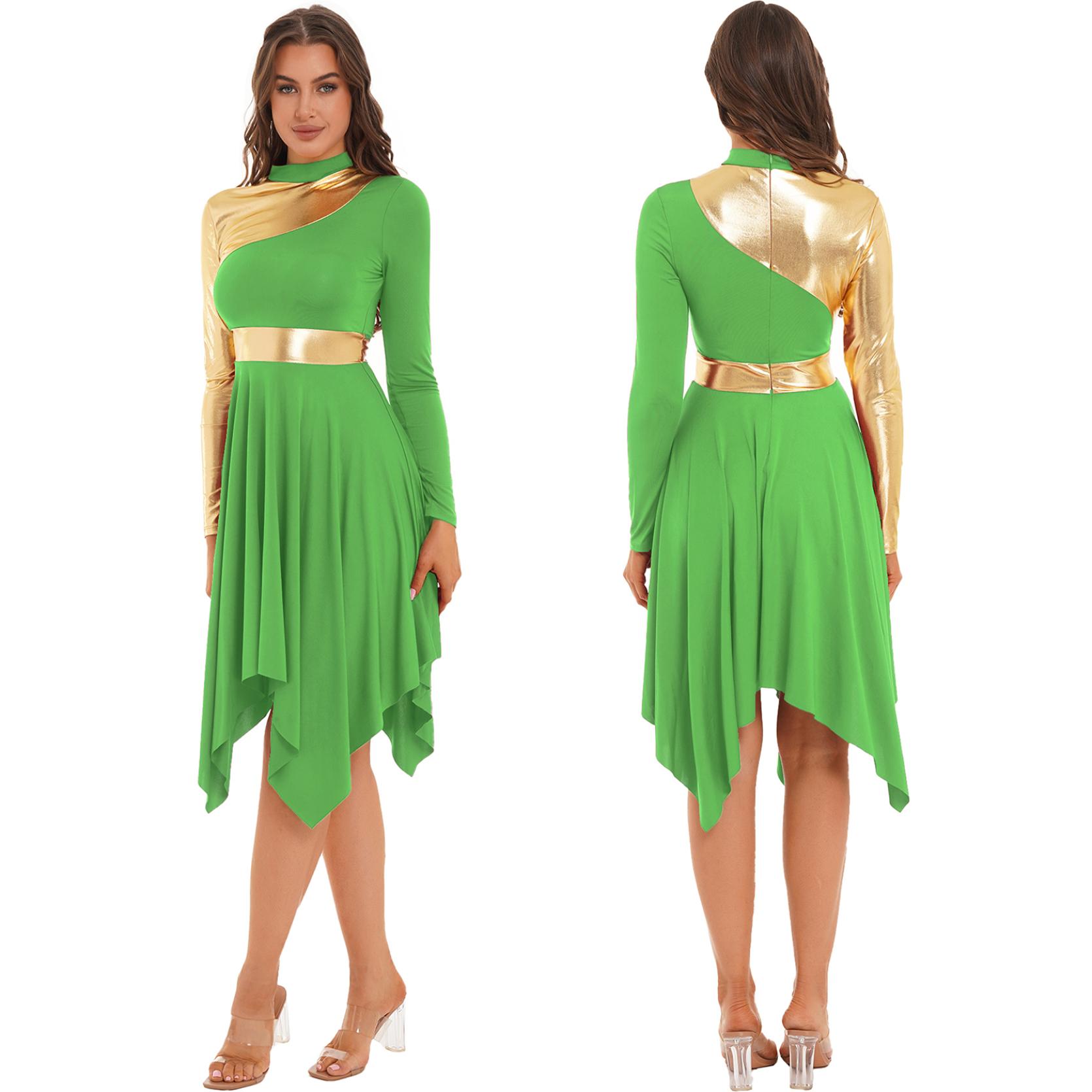 

Женский танцевальный костюм контрастного цвета, лоскутное платье, платья с асимметричным подолом и длинными рукавами L светло-зеленый
