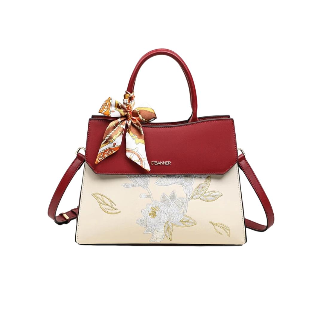 

C.BANNER Leather Handbag for Women, Embroidered Crossbody Bag, Large Capacity, Red червоний