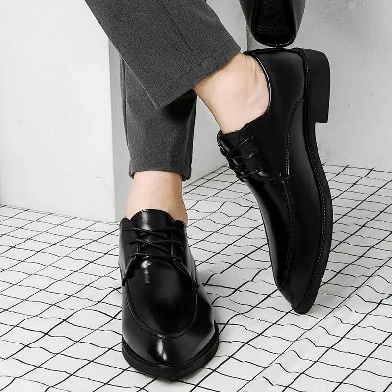 Leather Casual Dress Shoes Man Social Shoe for Men Pointed Toe Black Cheap Liquidation Clothing Low Price Clearance Footwear 39