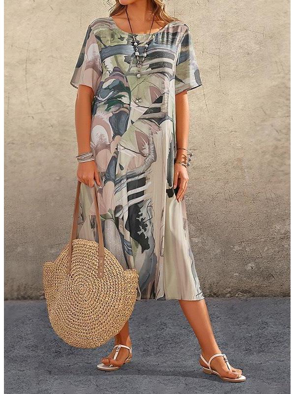 

2026 European & American Summer Casual Print Short-Sleeve Loose Beach Maxi Dress S