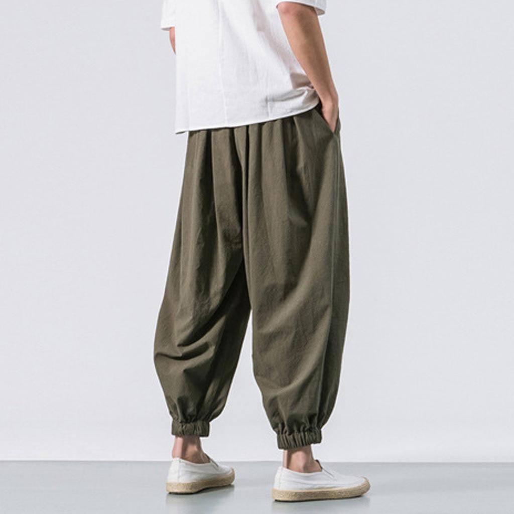(Projector)Men's Fashion Cotton Linen Casual Pants Loose Wide Legs Elastic Leggings