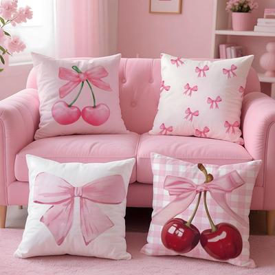 Capa de Almofada Cereja com Laço Rosa 2 em 1 Reversível de Pelúcia | Carro/Sofá/Cama | Presente Perfeito