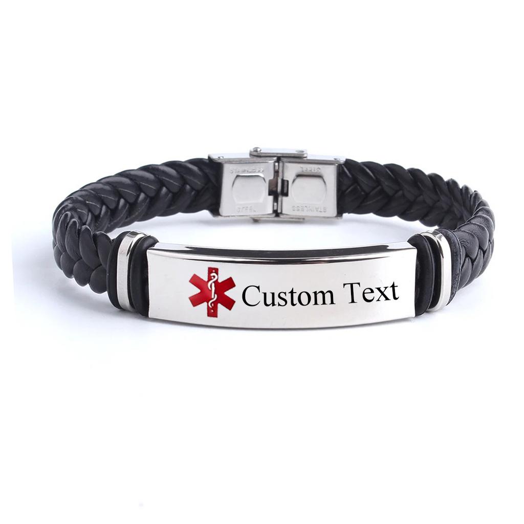 Punk SOS Medical Custom Text Leather Bracelets For Women The Snake Emblem Rod of Asclepius Stainless Steal Men Bracelets Jewelry
