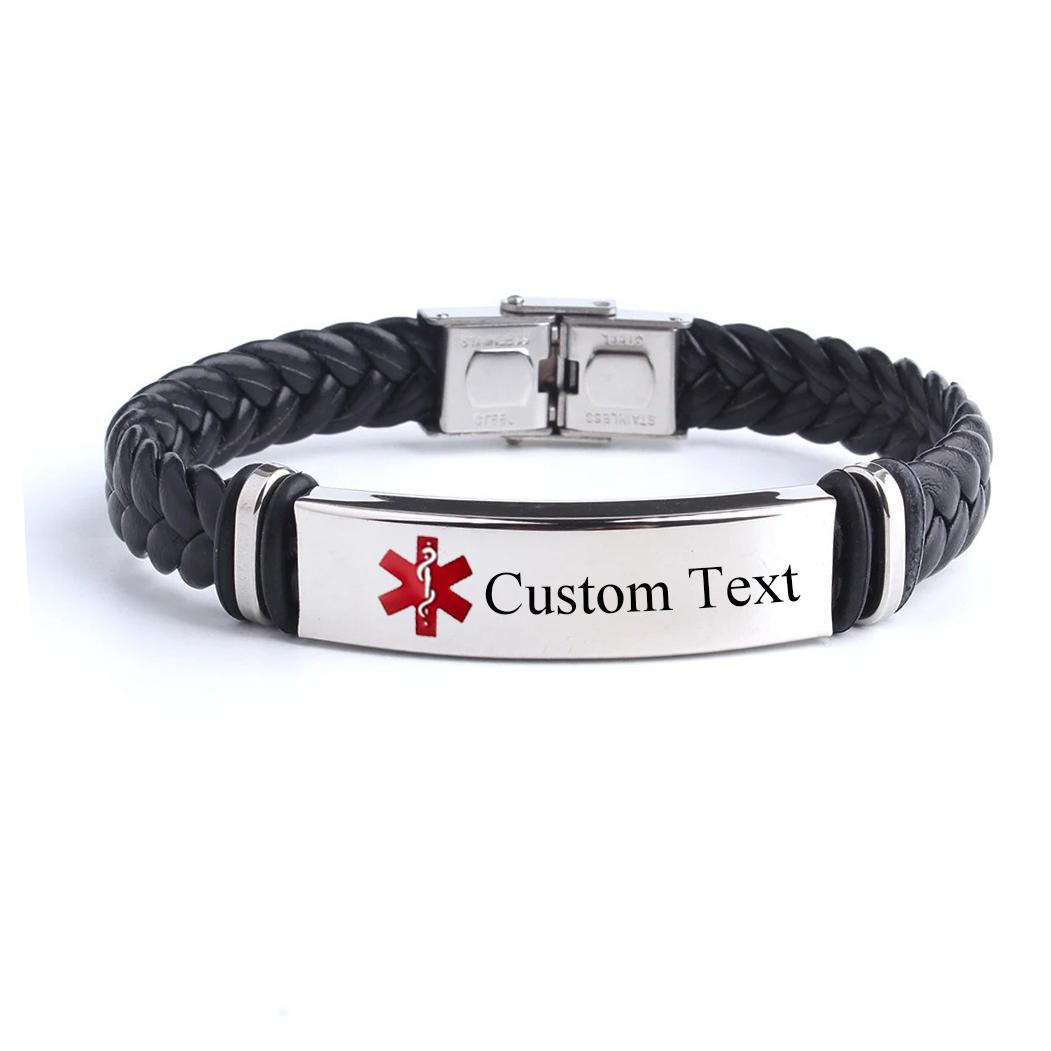 Lucky Star Jewelry Women's Silver Punk Sos Medical Custom Text Leather Bracelets For The Snake Emblem Rod Of Asclepius Stainless Steal Men Bracelets Jewelry