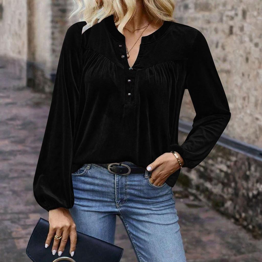 Women's Color V,Neck Casual Elegant Button Long,Sleeve Blouse