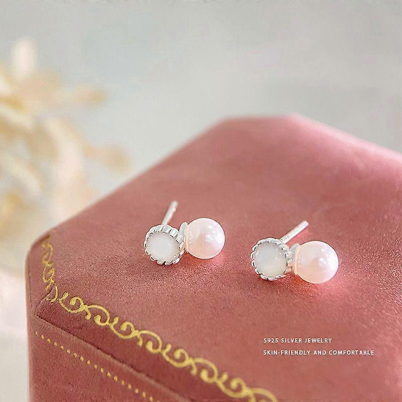 White Agate Pearl Earrings - Silver 925 Silver S925 Sterling Silver French White Agate Pearl Earrings for Women High-end Round Light Luxury