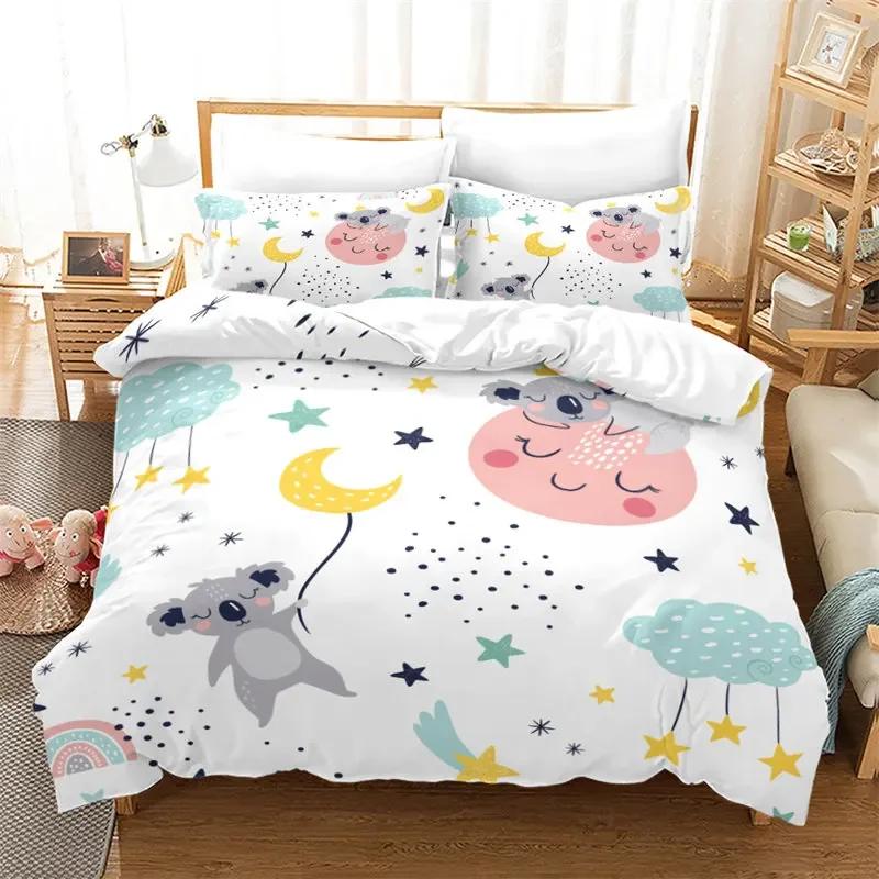 Cartoon Koala Cute Animal Leaves Flowers Comfortable Duvet Quilt Cover Pillowcase Bedding Set Bedroom Decoration Home Textile