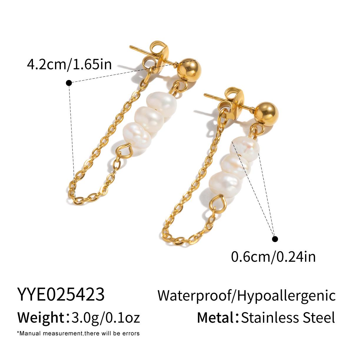 New Fashion Gold Plated Stainless Steel Pearl Drop Earrings-Long Earrings with Natural Pearl Strings Stainless Steel Ring Chains 4.2cm&Pearl earrings