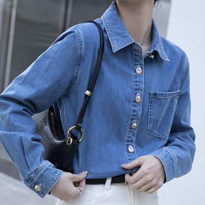 Veste Chemise en Denim Doux Bleu Femme Ample Printemps Automne Manches Longues Chemise Décontractée Superposée