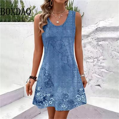 New Women Summer Sleeveless Bohemian Dress Sundress Loose Print Vacation Dress for Casual Beach Dress For Women Fashion Clothing