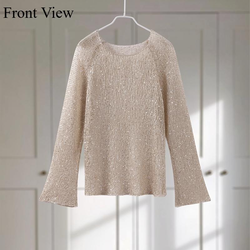 Elegantní dámský vydutý svetr s flitry Volný úplet Dámský svetr s dlouhým rukávem do O 2025 jaro léto dáma sexy třpytivé pulovry