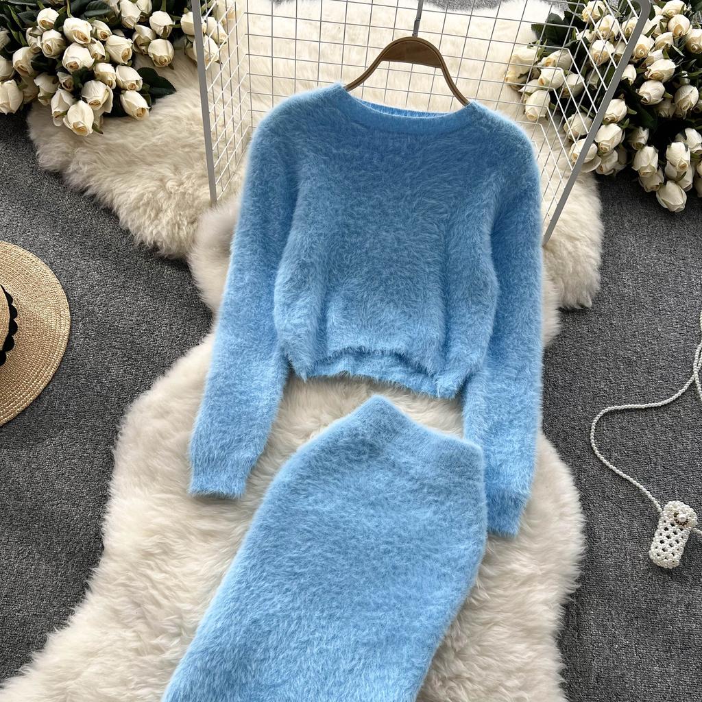 Autumn And Winter Plush Waist Short Section Knitted Sweater Plus High-Waisted Half-Body Skirt Temperament Two-Piece Suit Woman