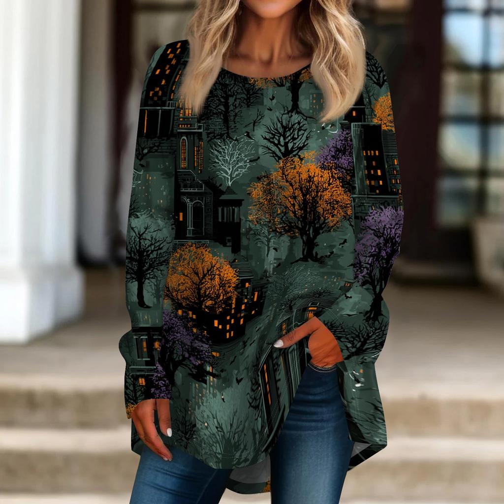Women's Halloween Graphic Print Long Sleeve T-Shirt Loose Fit Round Neck Pullover