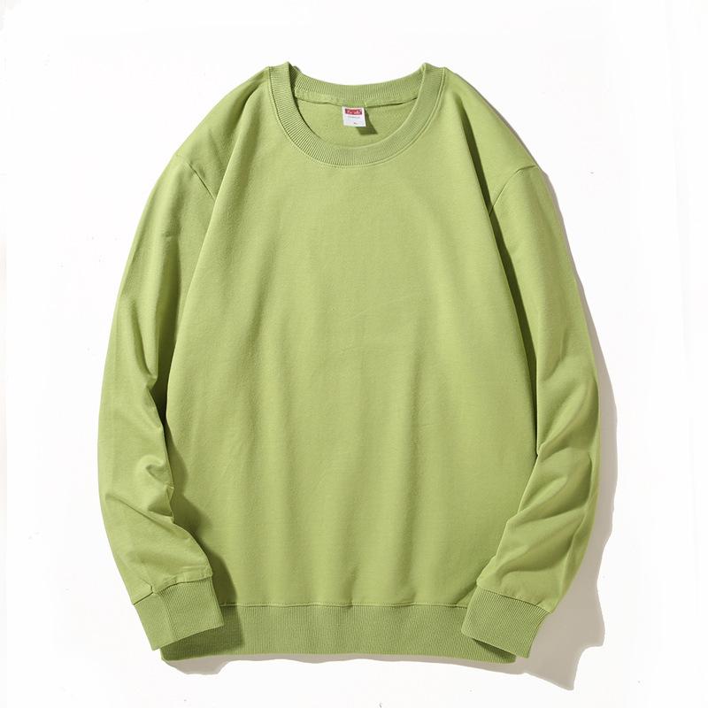 Spring Crew Neck Sweatshirt: Drop Shoulder, Solid Color, Long Sleeve, Logo-Printed Workwear.