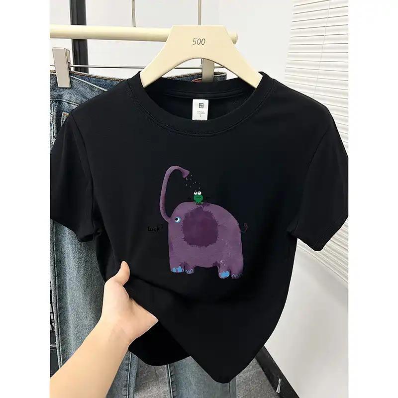 Women White Short Sleeve T-Shirt With Cartoon Elephant Print