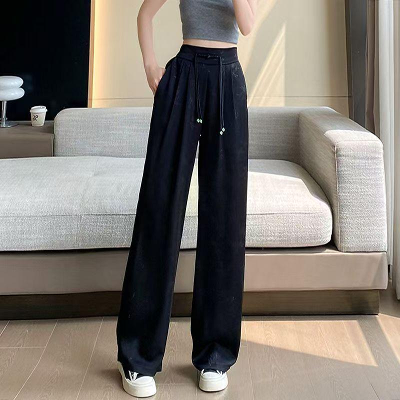 Women's High-Waisted Drapey Silk Wide-Leg Pants - New Chinese Style, Lightweight and Trendy for Summer