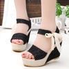 Slope Heel Lace Bow Sandals Cute Sandals Women's Singles Shoes Women's Shoes Spring and Summer New Fish Mouth Beach