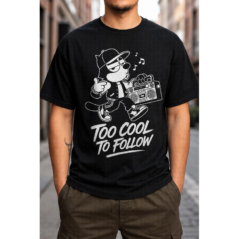 Plus Size - Men's T-Shirt S-5XL Featuring a Cool Cat With Boombox Graphic Print And 'Too Cool To Follow' Slogan - A Casual Short-Sleeve Crew-Neck Top