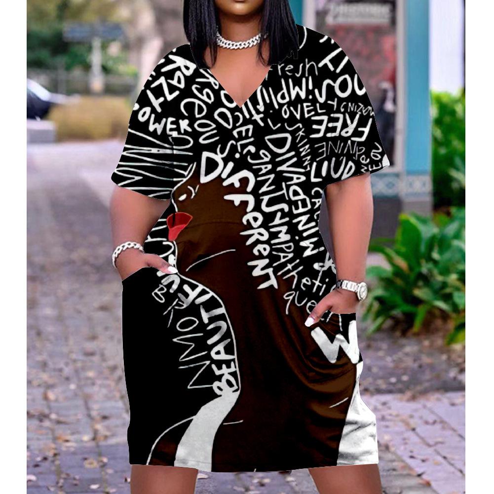 2026 digital printing cross-border temperament commuter skirt pullover V-neck dress