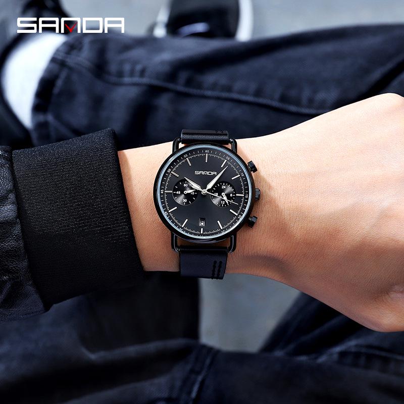 Sanda 1033 Men's Quartz Watch: Trendy Design with Leather Strap & Small Seconds Hand