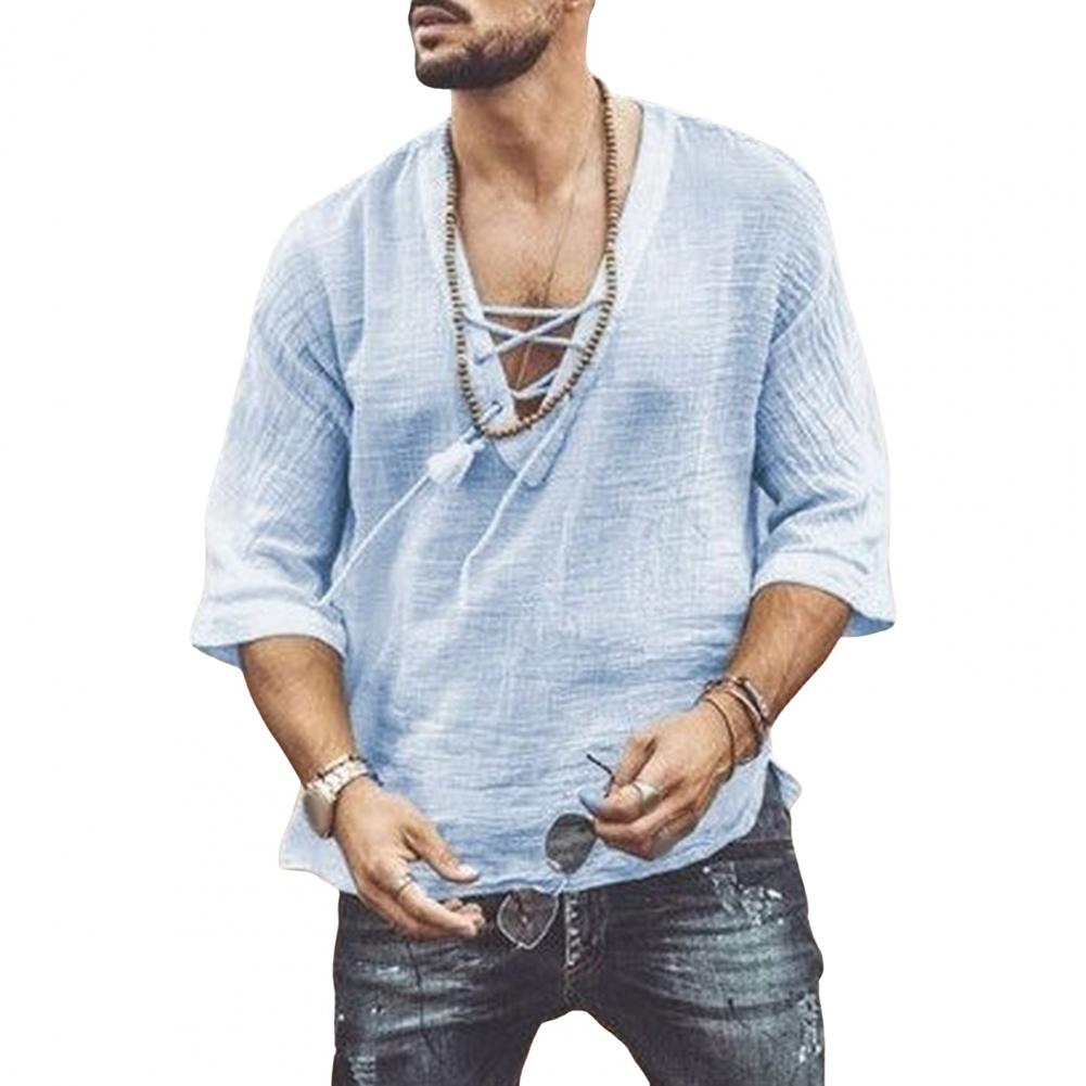 Summer Men Blouse Lace-up V-Neck Mid Sleeves Relaxed Fit Pure Color Pullover Classic Style Daily Wear Quick Dry Thin Leisure Mid Length Top