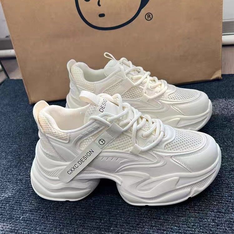 JDNVH Platform Dad Shoes Women's Inner Height Increase 2025 New Spring Mesh Breathable Women's Shoes Little White Sports Shoes Women