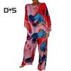 2 Pcs/Set Women Top Pants Set Bright Color Floral Print Three Quarter Bat Sleeves O Neck T-shirt Wide Leg Deep Crotch Elastic Waist Loose Casual