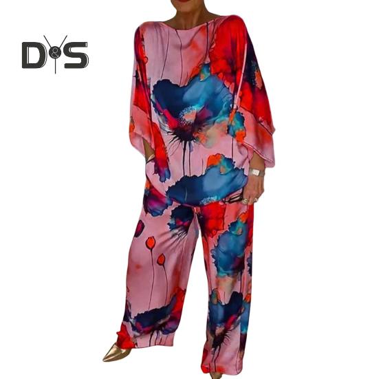 2 Pcs/Set Women Top Pants Set Bright Color Floral Print Three Quarter Bat Sleeves O Neck T-shirt Wide Leg Deep Crotch Elastic Waist Loose Casual