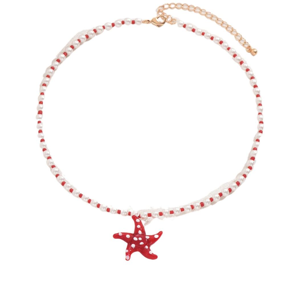 Handmade Glass Sea Star Pendant Layered Chain Round Bead Necklace  Summer Beach