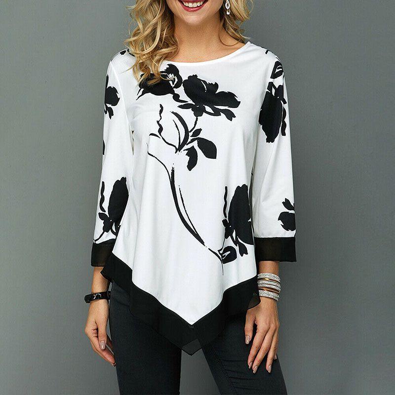 Irregular Women Floral Blouse Tee Ladies Long Sleeve Casual Loose Tshirt S5xl