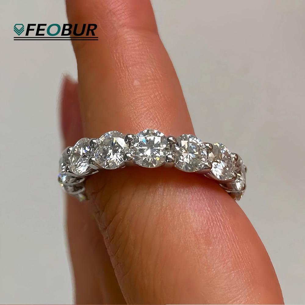 FEOBUR 5mm D Color Moissanite Ring with Certificate Women CopperFull Diamond Eternity Band Wedding Jewelry Gift