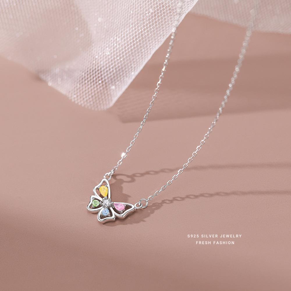 925 Sterling Silver Korean Sweet Colored Zircon Butterfly Pendant Necklace for Women Wedding Party Jewelry