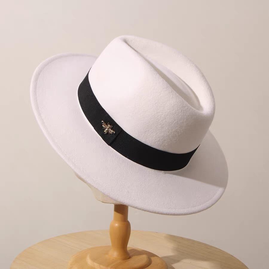 New French Wool Topper Hat with Big Brim Showing Face for Women's Little Bee British Style Versatile Jazz Hat