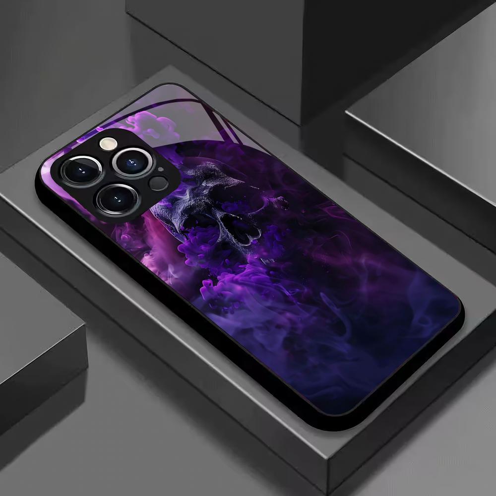 Smoke Skull Pattern Tempered Glass Phone Case Suitable for iPhone 17 16 15 14 13 12 11 Pro Max Plus Shockproof Back Cover