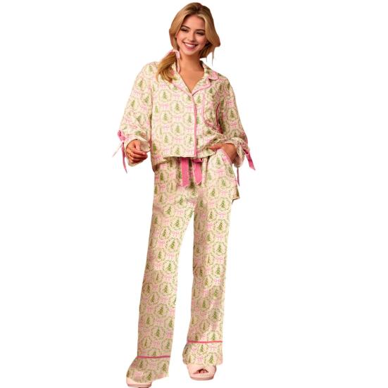 2 Pcs/Set Christms Pajamas Santa Printing Turn-down Collar Single-brasted Long Sleeve Satin