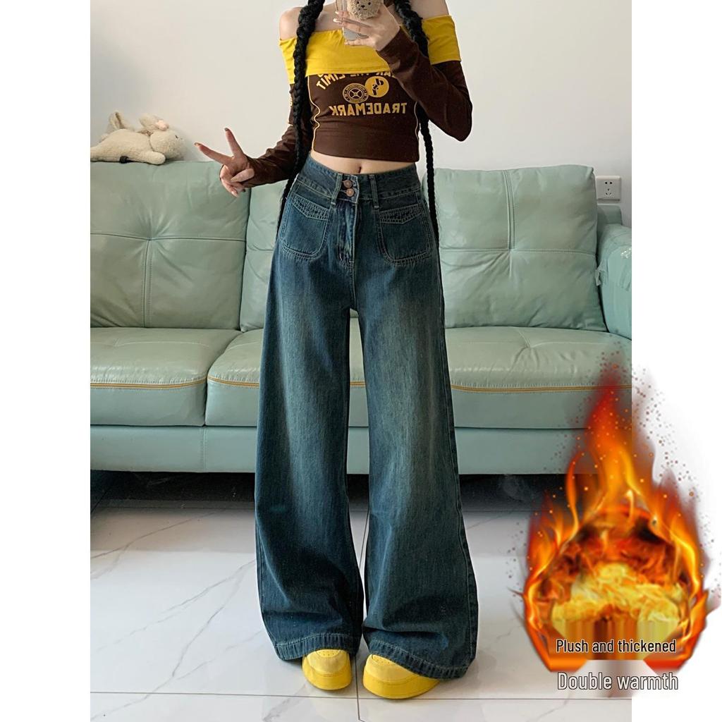 Velvet Thickened Wide-Leg Jeans for Women - 2026 Autumn/Winter Retro High-Waisted Straight Leg Pants