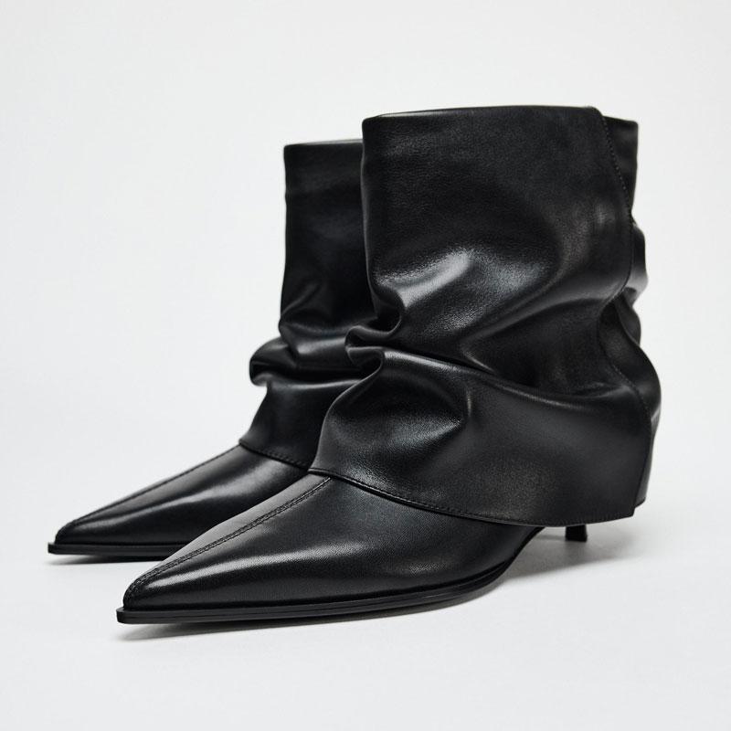 Elegant New Cat Heel Ankle Boots Woman  Sexy Pointed Toe Pleated Short-tube Fashion Boots Soft Leather Short Boots Women