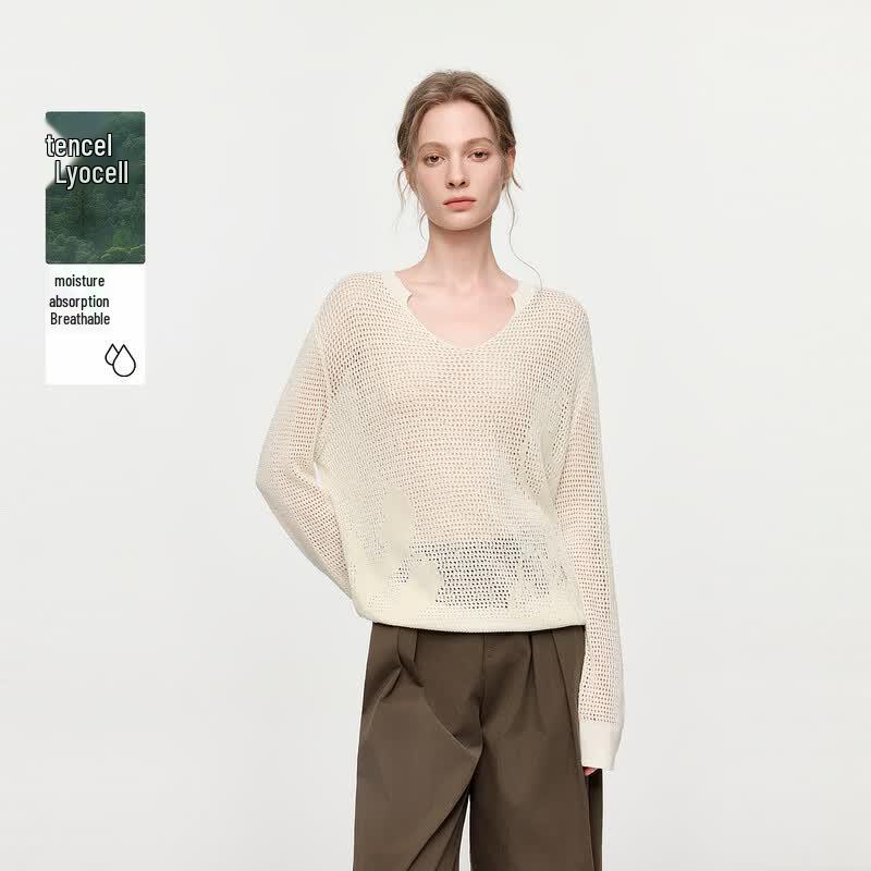 ELLE Women s French Hollow-Out Linen Blend V-Neck Knit Top XL