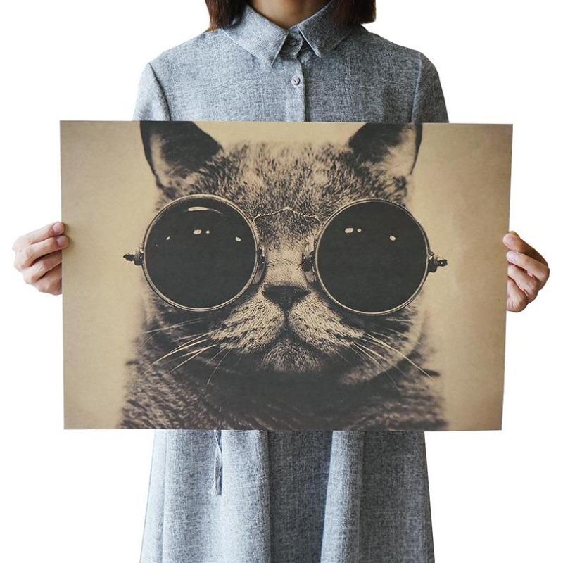 Cool hezký kočičí sluneční brýle Rock Animal Kraft Paper Retro Plakát Art nálepka na zeď