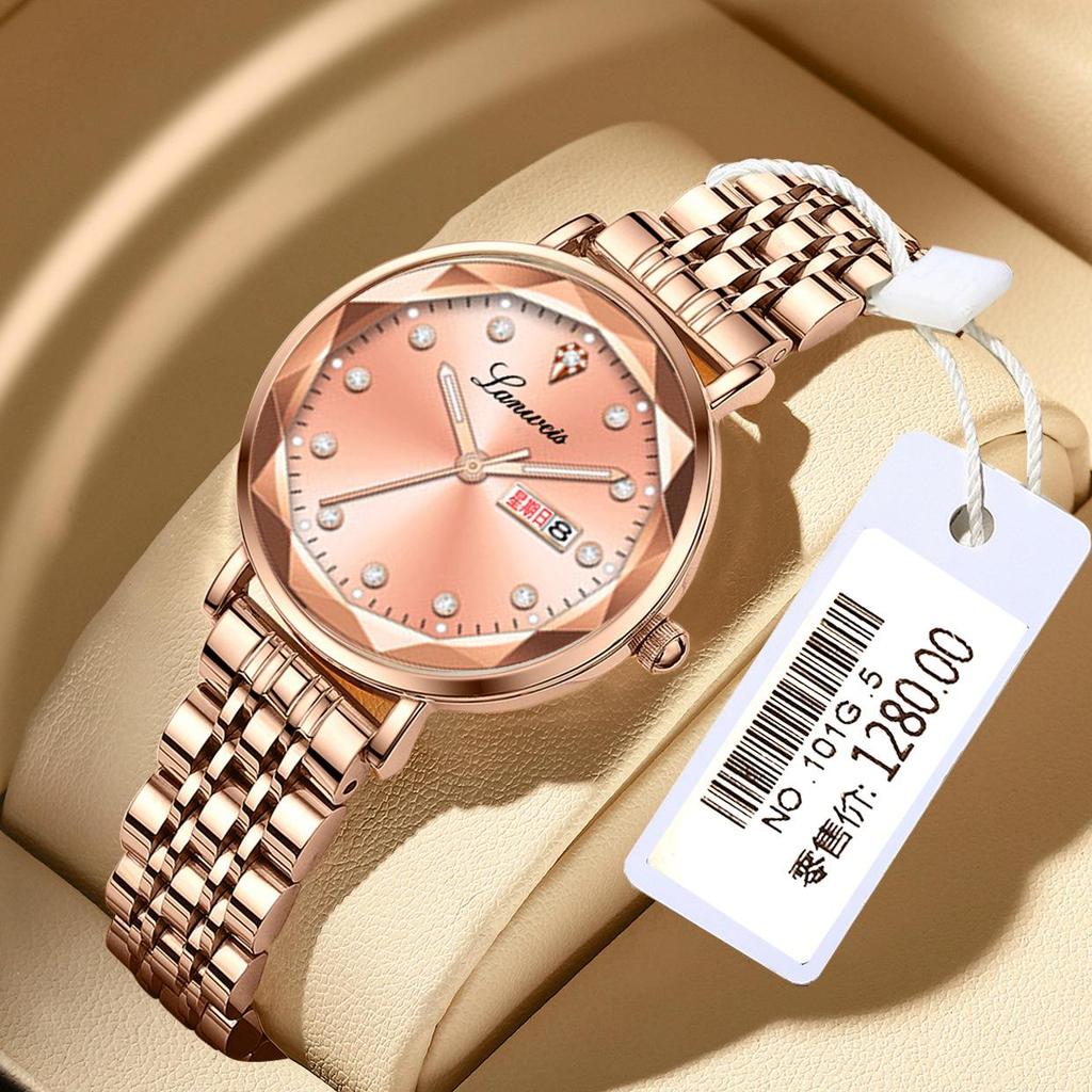Origineel Dames Stalen Band Horloge met Vlinder Sluiting, Dubbele Datum, Lichtgevend, Waterdicht, Elegante Nieuwe Stijl.